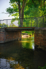 Fototapeta premium Tranquil trail with foot bridge and river at Sugar House Park in Salt Lake City, Utah: A beautiful place for walking, relaxing, and recharging