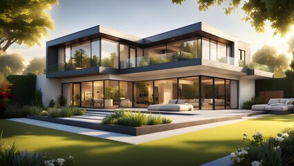 Fototapeta premium A large house with a large lawn and a pool