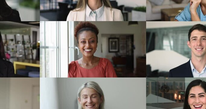 Zoom out collage of numerous head shots of diverse group of people. Portraits of various ages, genders, and ethnicity individuals smiling, looking at camera, posing in offices and home environments