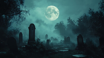 A graveyard with a large moon in the sky
