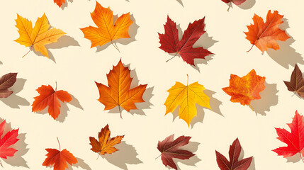 colorful autumn leaves in shades of red, orange, and yellow, each with a shadow, randomly placed on a soft cream background