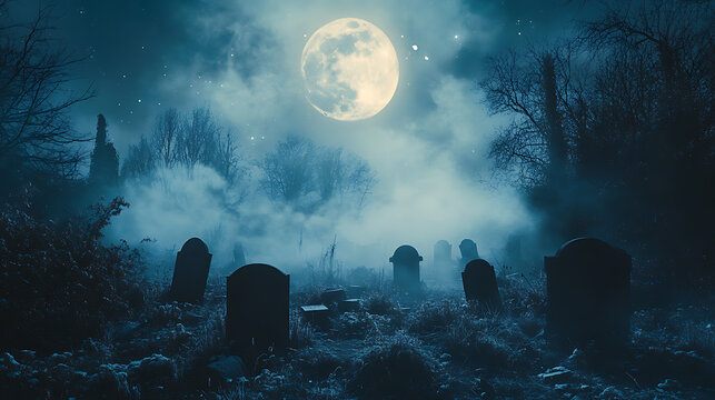 A graveyard with a full moon in the sky