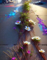 flowers on pavement, abstract, pop-art