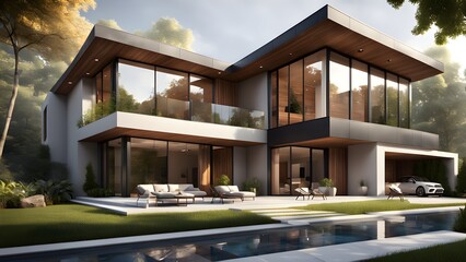 Fototapeta premium A large house with a pool and a car in the driveway