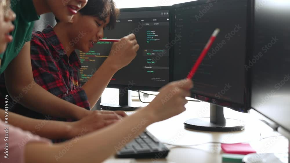 Wall mural slow motion back end software developer engineer for computer programming working together on debugg