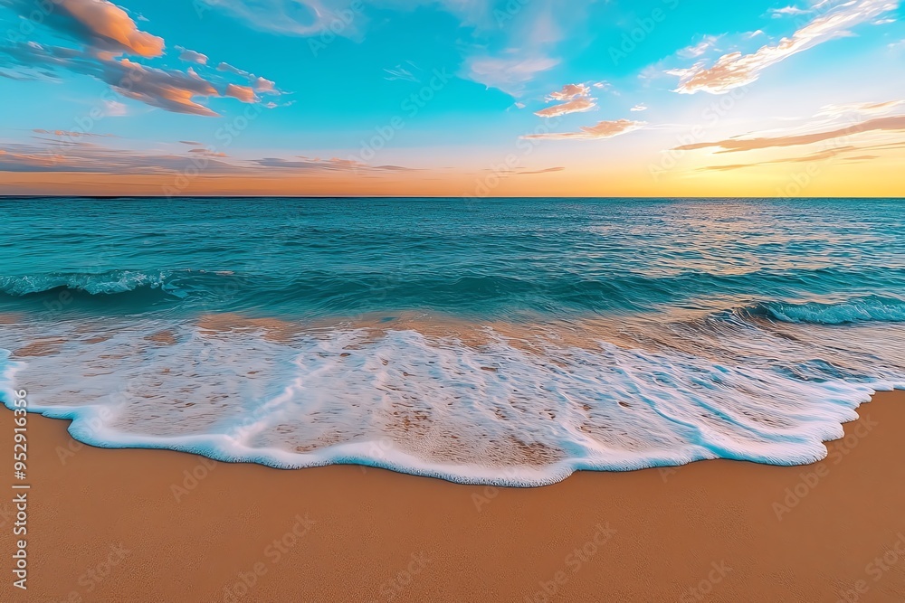 Poster mint color beach scene with soft waves and pastel skies, captured in a photo where a beach at sunset