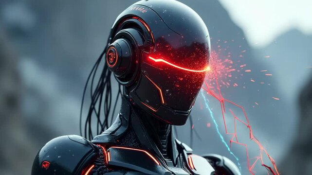 Cyborg stands motionless in futuristic landscape. Sleek black armor contrasts with luminous red helmet. Energy tendrils emanate, suggesting advanced technology or supernatural powers. 