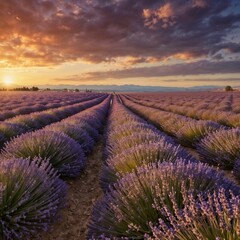 Obraz premium A panoramic photograph of a lavender field at sunset, with rows of purple flowers stretching into the horizon. The warm golden light of the setting sun bathes the scene