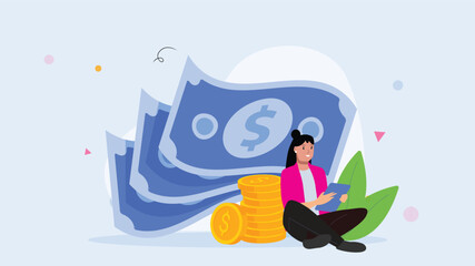 Flat vector illustration of a woman using a tablet while sitting next to large stacks of coins and dollar bills, representing financial planning, wealth management, and digital finance concepts.

