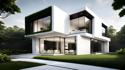 Fototapeta premium A large white house with a green roof and a white fence