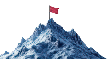 Mountain summit with a flag on top isolated on white created with Generative AI