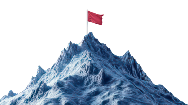 Mountain summit with a flag on top isolated on white created with Generative AI