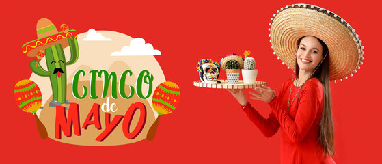 Beautiful woman in sombrero hat, with painted skull and cacti on red background. Mexico's Day of the Dead (El Dia de Muertos)