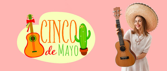 Young woman in sombrero hat with guitar on pink background. Mexico's Day of the Dead (El Dia de Muertos) celebration