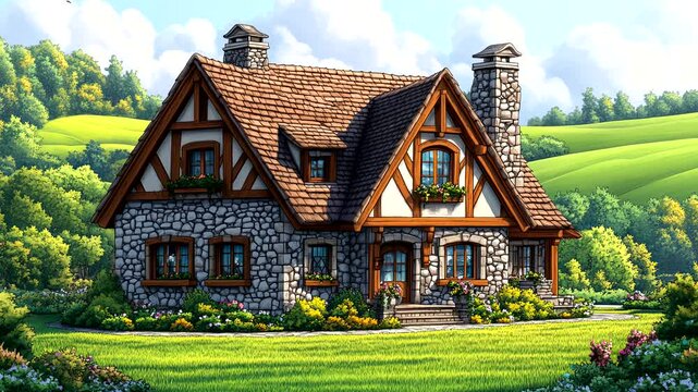 A charming stone cottage with a tiled roof, surrounded by lush green hills under a bright sky. Rural architecture concept. Seamless looping 4k time-lapse video background