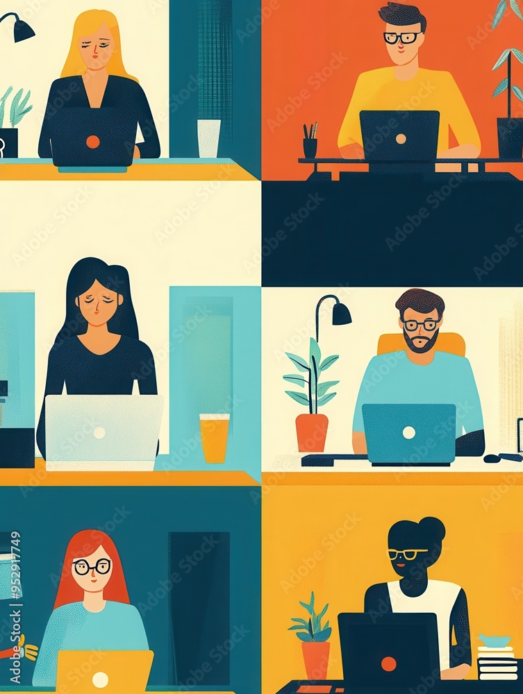 Poster group of people working intently on laptops in a colorful office setting, showcasing teamwork and co