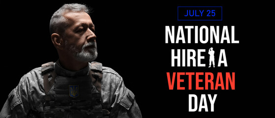 Mature soldier with Ukrainian coat of arms patch on dark background, closeup