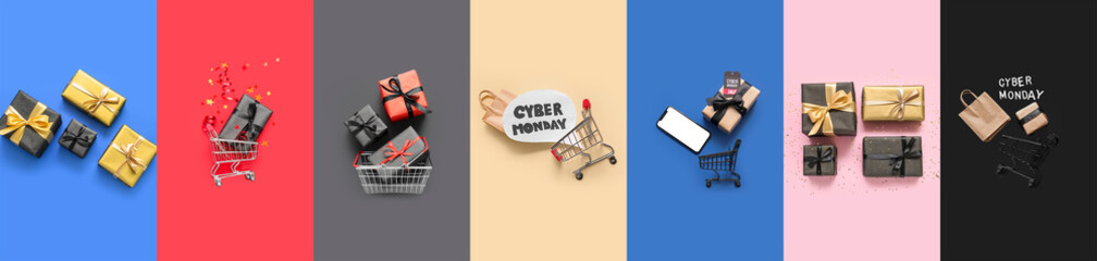 Collage for Cyber Monday with gifts and shopping carts
