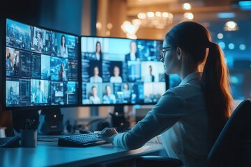 Teams of diverse professionals focus on various computer screens, collaborating late into the night in a tech-driven environment. Generative AI