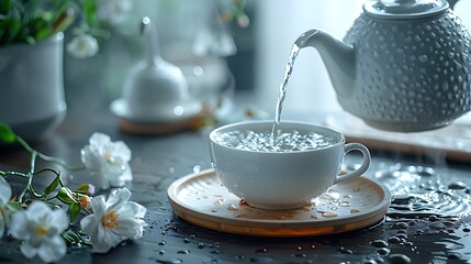 Fototapeta premium White teapot pouring hot water into a white teacup on a wooden plate with white flowers on a table.
