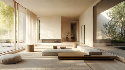 A serene modern living room with soft natural light, minimalistic decor, and tranquil atmosphere for relaxation and comfort.