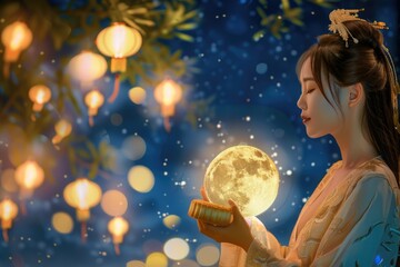 Naklejka premium Enchanting celebration: mid-autumn festival, moon goddess Chang'e holding mooncakes against a moonlit sky, chinese lanterns, unity and abundance traditional festival honoring harvest, lunar deities.