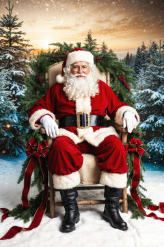 Santa Claus Sitting in a Festive Chair in a Winter Wonderland