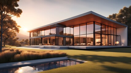 Fototapeta premium A large house with a pool and a large glass window