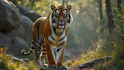 Photograph of a tiger on a jungle safari, 16:9 widescreen, 300 dpi, with free space for text