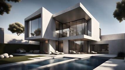 Fototapeta premium A large white house with a pool and a car in the driveway