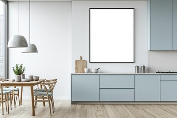 Fototapeta premium Poster Mockup in Kitchen Interior with White Wall created with Generative AI