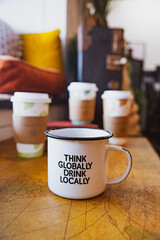 Coffee, Cortado, Latte with Latte art in Cozy Coffee Shop with Plants and Flowers