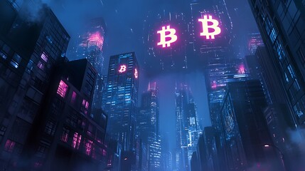 Fototapeta premium Cyberpunk Cityscape with Glowing Bitcoin Symbols