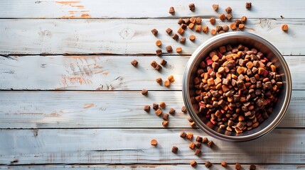 Dry pet food in bowl on wooden background