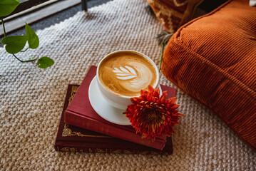 Coffee, Cortado, Latte with Latte art in Cozy Coffee Shop with Plants and Flowers