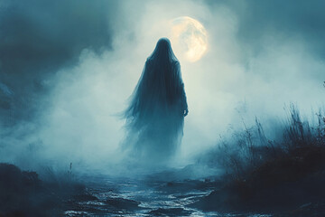 A dark ghostly figure moves through mist in the moonlight, creating a spooky and eerie atmosphere. This digital art is perfect for Halloween-themed designs or horror-related content.