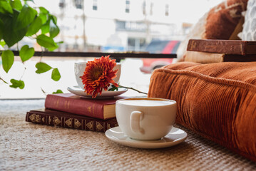 Coffee, Cortado, Latte with Latte art in Cozy Coffee Shop with Plants and Flowers