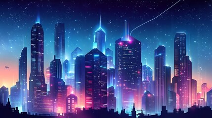 Neon Cityscape with Stars at Night