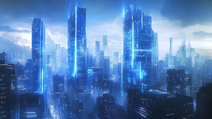 Fototapeta premium Futuristic Cityscape with Glowing Blue Lines