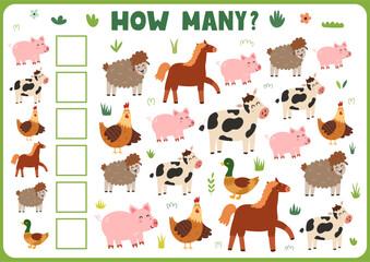 How many activity page for kids with cute farm animals. Count the number of pig, cow, hen, horse and more. Puzzle game for school and preschool. Vector illustration