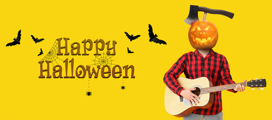 Handsome man playing guitar on yellow background. Festa Junina (June Festival) celebration