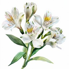 Watercolor White Alstroemeria Isolated on White Background. Beautiful Alstroemeria Flower