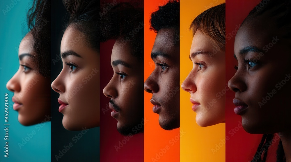 Poster Facial profiles of diverse individuals highlight differences and biases, separated by a stark line, showcasing vibrant colors and contrasts. Generative AI