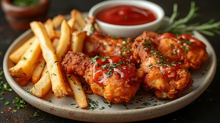 Fototapeta premium Crispy fried chicken wings with french fries and ketchup.