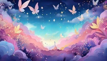 Field of butterflies in heaven and pastel colored clouds generative AI