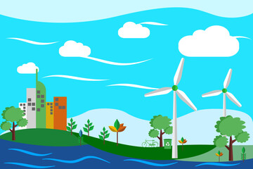 Ecology and Eco Green Energy Concept Vector Illustration Sustainable Eco Friendly and Alternative Clean Energy and Healthy Lifestyle Concept Vector City Landscape Banner Isolated Design Elements.