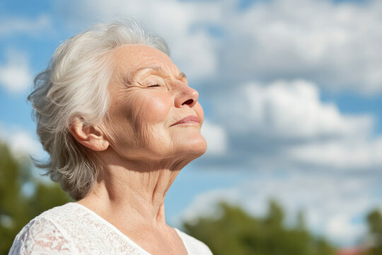 Australian senior woman taking a breath on a sunny day, mental health
