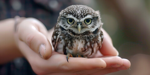 a tiny owl sitting in the palm of someone's hand