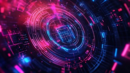 Obraz premium Abstract Digital Interface with Glowing Neon Lights and Geometric Shapes