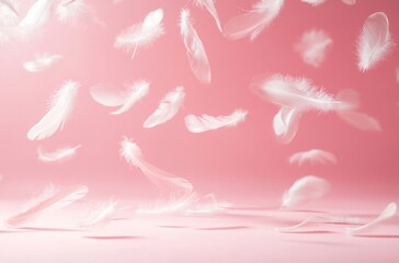 Fototapeta premium White Feathers Floating on Pink Background